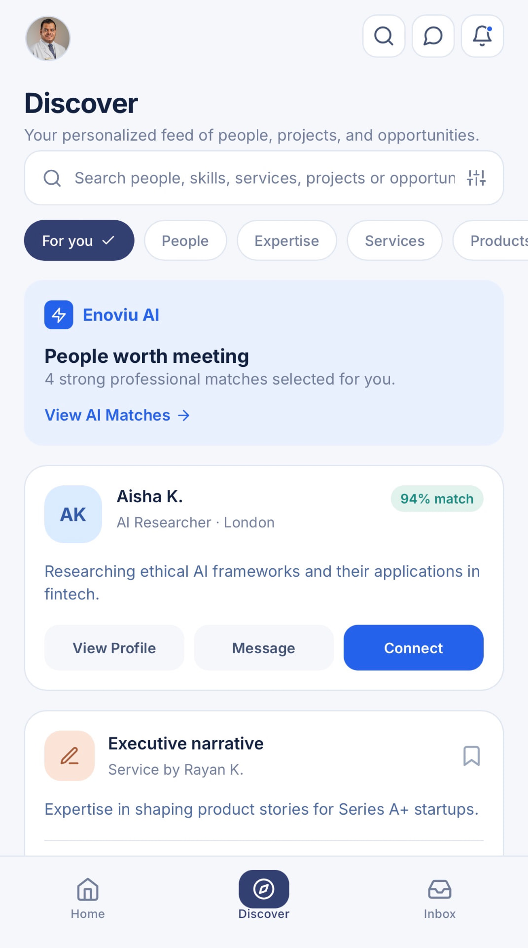 Enoviu Discover screen with AI matches and search filters