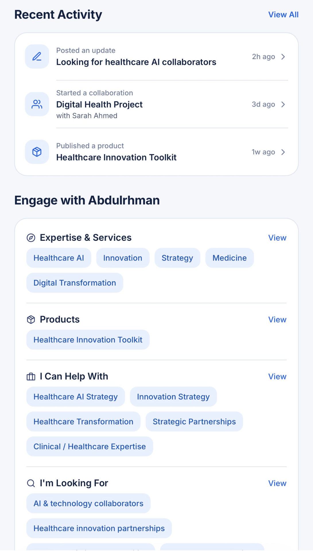 Recent activity and engagement options