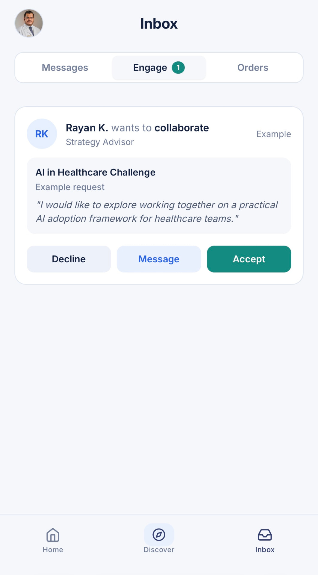 Enoviu Engage inbox with collaboration requests